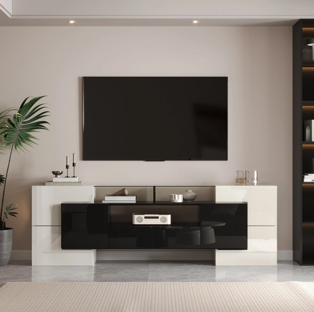 Mobile TV 200 cm bianco e nero lucido con LED, 6 ante e 2 cassetti