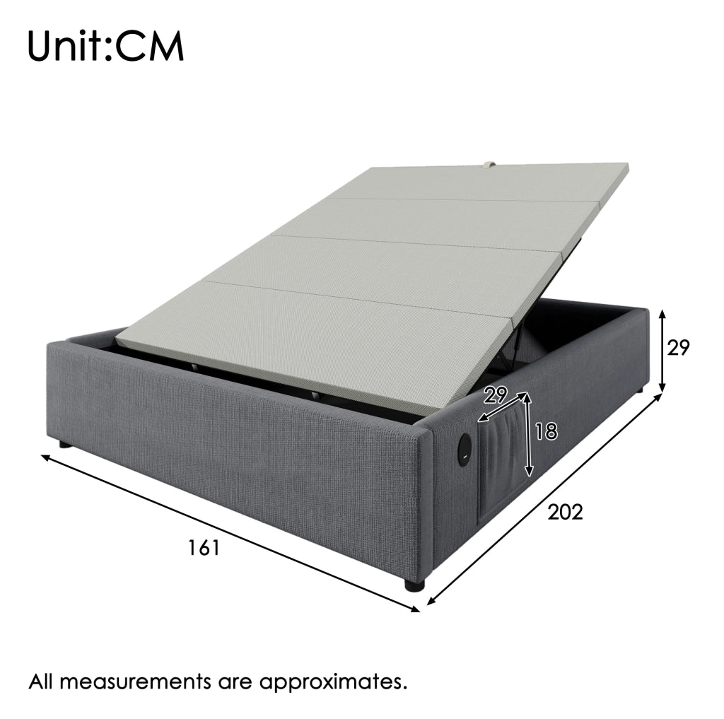 Letto matrimoniale ULEVR 160x200 cm con contenitore idraulico, USB e Type-C, senza testiera, grigio