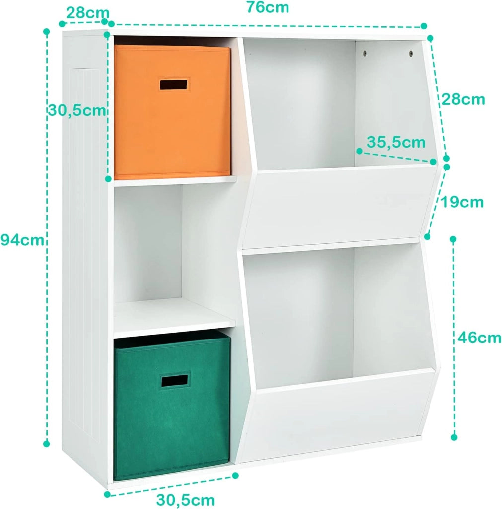 Armadietto Porta Giochi per Bambini, Organizer Giocattoli con 2 Cestini Extra, Libreria Multifunzionale per Libri Giocattoli Bambole, 76x28x94 cm, Bianco