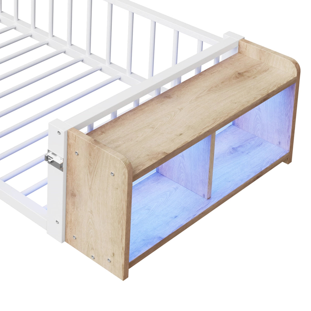 DESMIU Letto per bambini 90 × 200 cm con sponda di sicurezza, vano aperto e LED, senza materasso, bianco