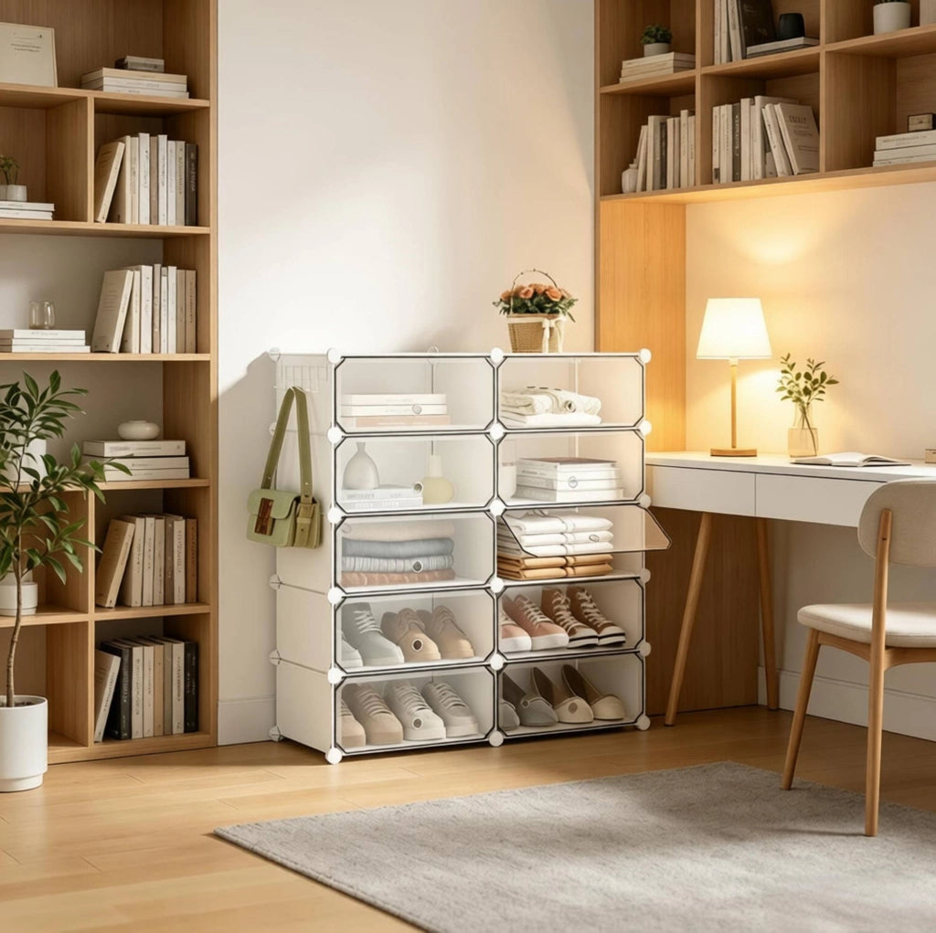 Scarpiera modulare 40x30x170 cm bianca in PP con 10 scomparti