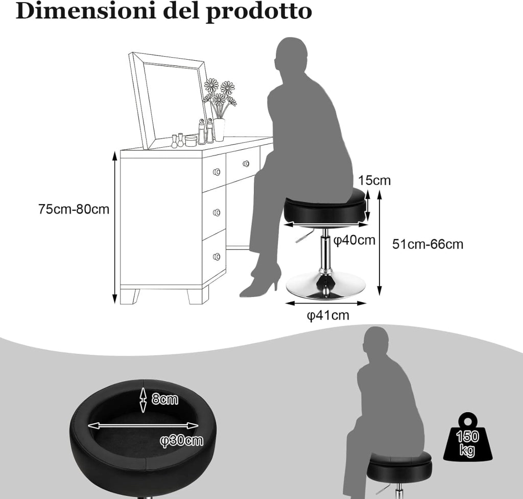 Sgabello Girevole Altezza Regolabile con Portaoggetti, Poggiapiedi Sgabelli da Trucco, Tavolino da Caffè, Sgabello da Lavoro Rotondo in Finta Pelle per Bar, Ufficio, Soggiorno, Camera (Nero)