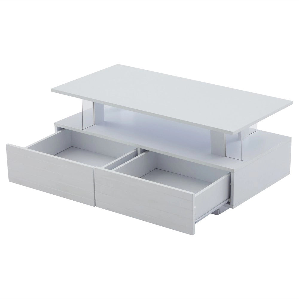 Tavolino da caff¨¨ rettangolare con LED e cassetti ¨C Minimal ¨C Bianco, doppio ripiano, 100x50x45