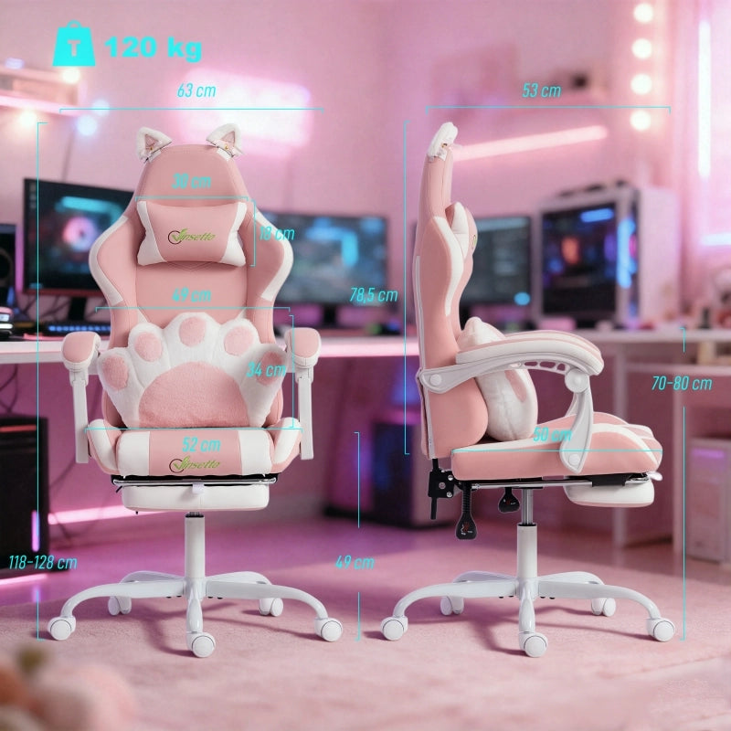 Sedia da gaming con poggiapiedi, schienale reclinabile e cuscino lombare in similpelle rosa 79.0 × 57.0 × 29.0 cm