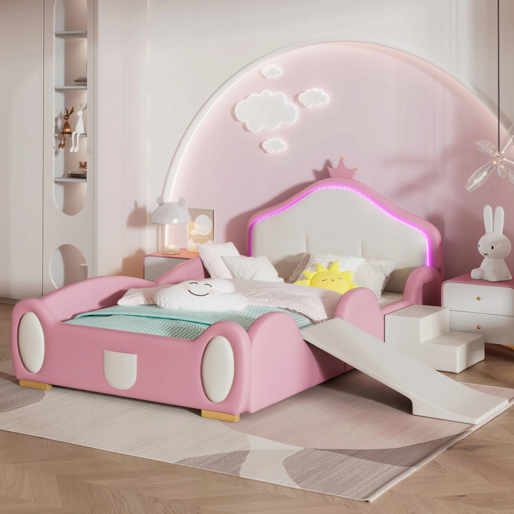 Letto 90x200cm - Xylo - LED, scivolo, PU, rosa+beige