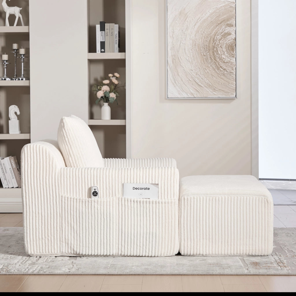 OKWISH Poltrona con Poggiapiedi in Velluto a Coste Seduta Profonda con Tasche Laterali e Cuscino Beige