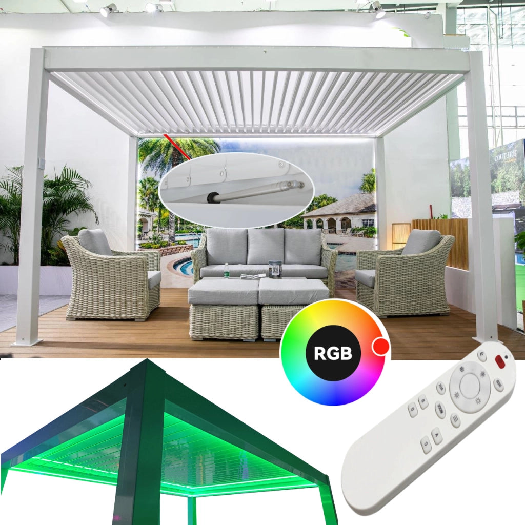 Pergola bioclimatica 3x4m apertura lamelle motorizzata con impianto led rgb - Bianco