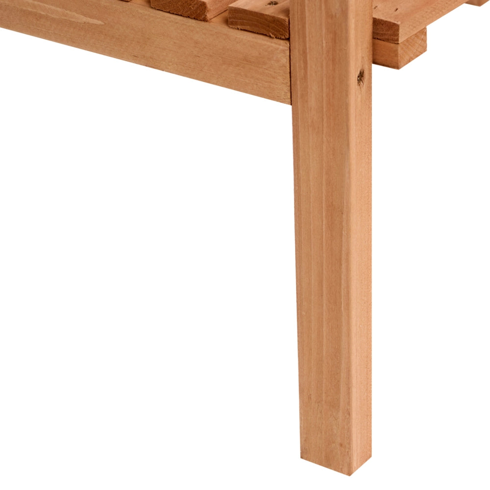 Tavolo da giardinaggio in legno di abete marrone chiaro con ganci e ripiani aperti, piano in ferro zincato
