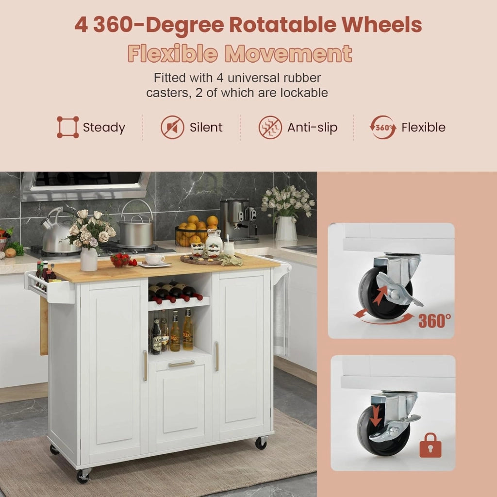 Isola cucina mobile con piano di lavoro, carrello da cucina con cassetto, portabottiglie e 2 armadi porta, carrello da portata con ruote, carrello in legno per isola cucina, 130 x 45 cm