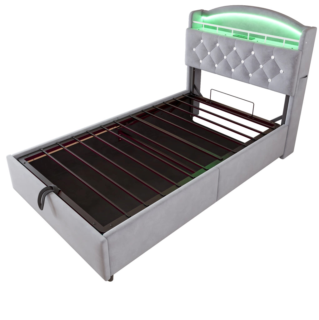 Letto imbottito 90x200 cm con contenitore; LED e USB in velluto grigio