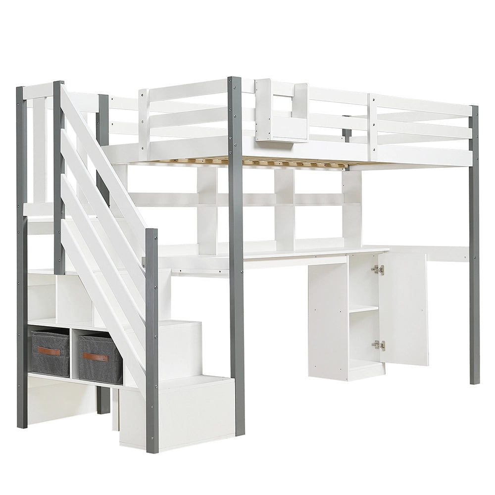 Letto mezzano con scrivania - Xylo - 90x200cm bianco/grigio, contenitore tessuto