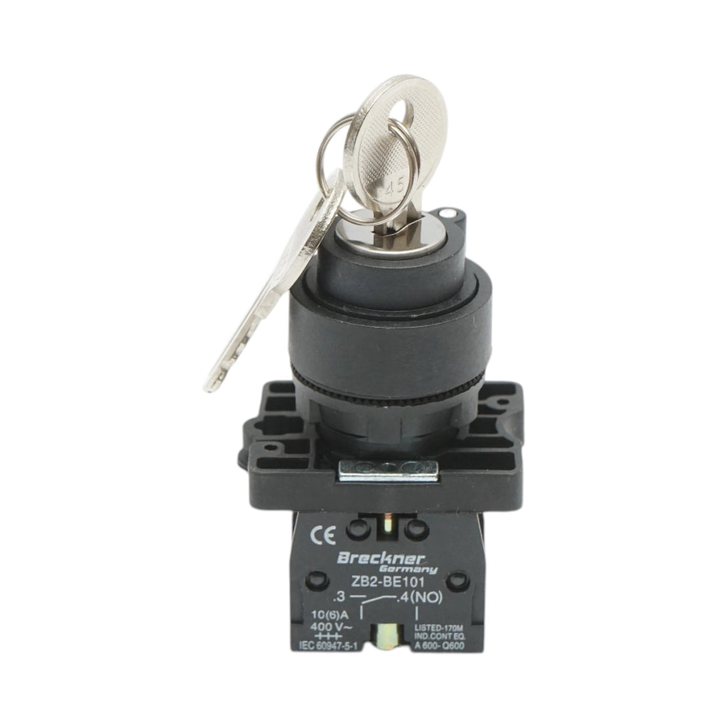 Selettore a 2 posizioni con ritorno e chiave 1NO+1NC, 400V/10A, LAY5-EG65 Breckner Germany