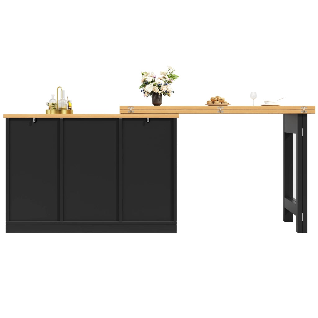 OKWISH Tavolo da pranzo allungabile stile bar con contenitore, portabottiglie e ripiani regolabili, MDF, Nero, 120×40×76 cm
