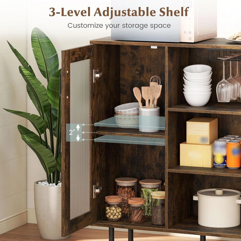 Armadio per Vini, Mobile di Stoccaggio con 3 Scomparti Aperti, Porta Bicchieri da Vino, Ripiano Regolabile, Porta Singola, Gambe in Metallo, Credenza per Cucina, Sala da Pranzo
