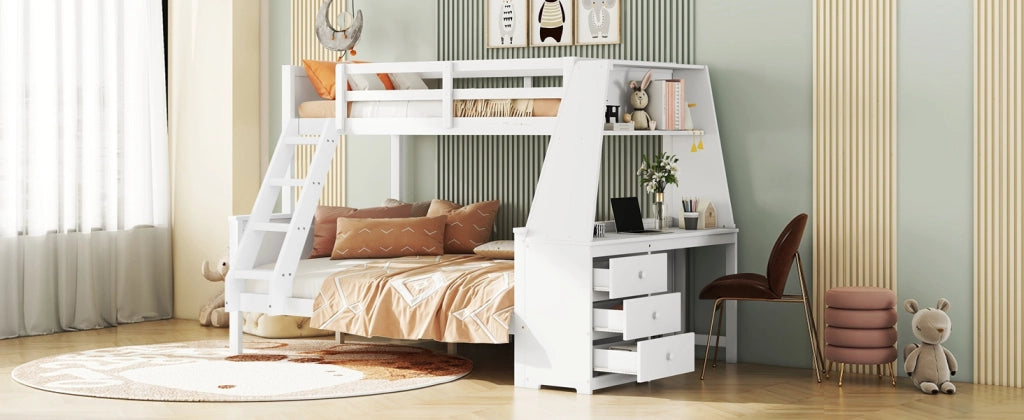 DESMIU Letto a castello bambini 90 × 200 cm e 140 × 200 cm con scrivania, contenimento, senza materasso, bianco