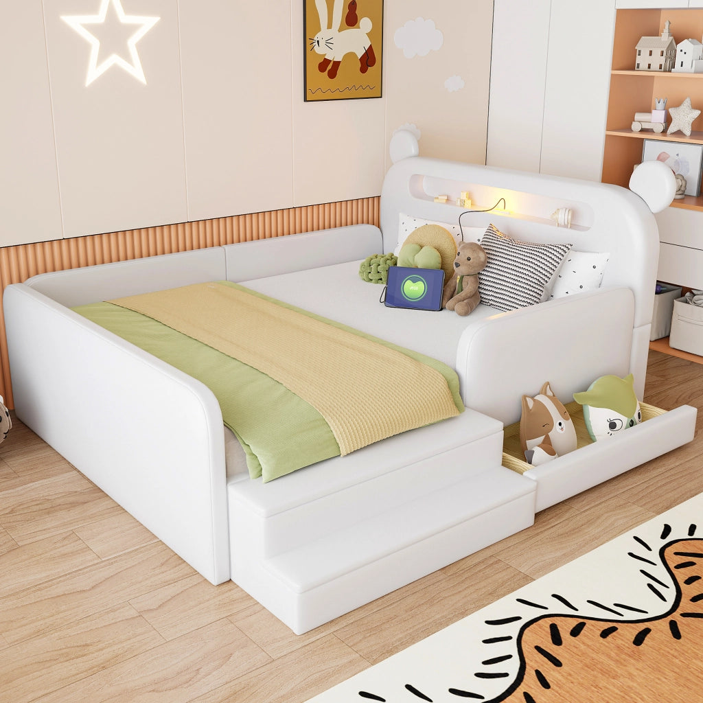 Letto imbottito per bambini con testiera a orso e USB, 140x200 cm, bianco