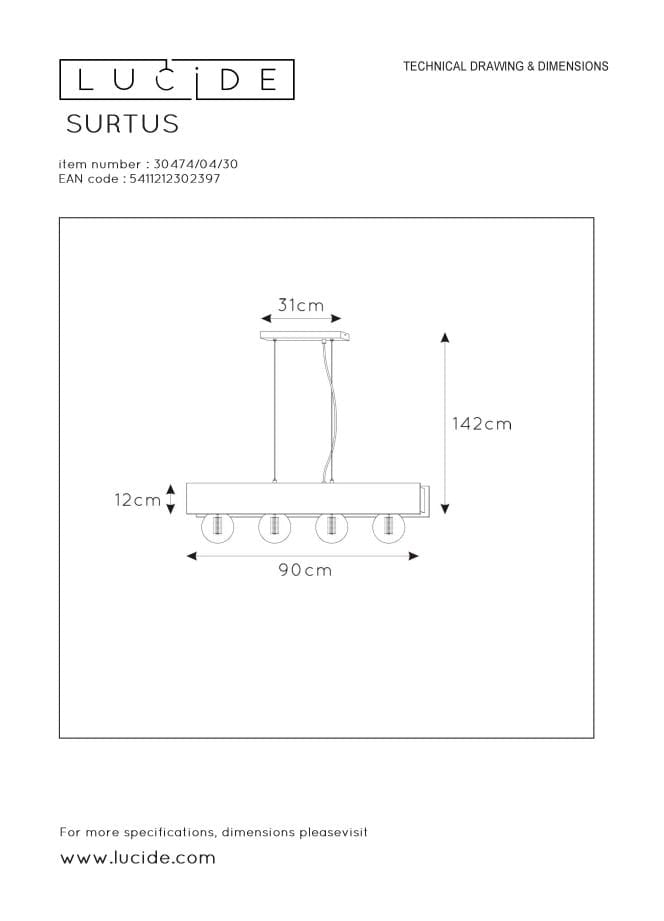 Lampadario Lucide Surtus nero 4 luci E27 dimmerabile