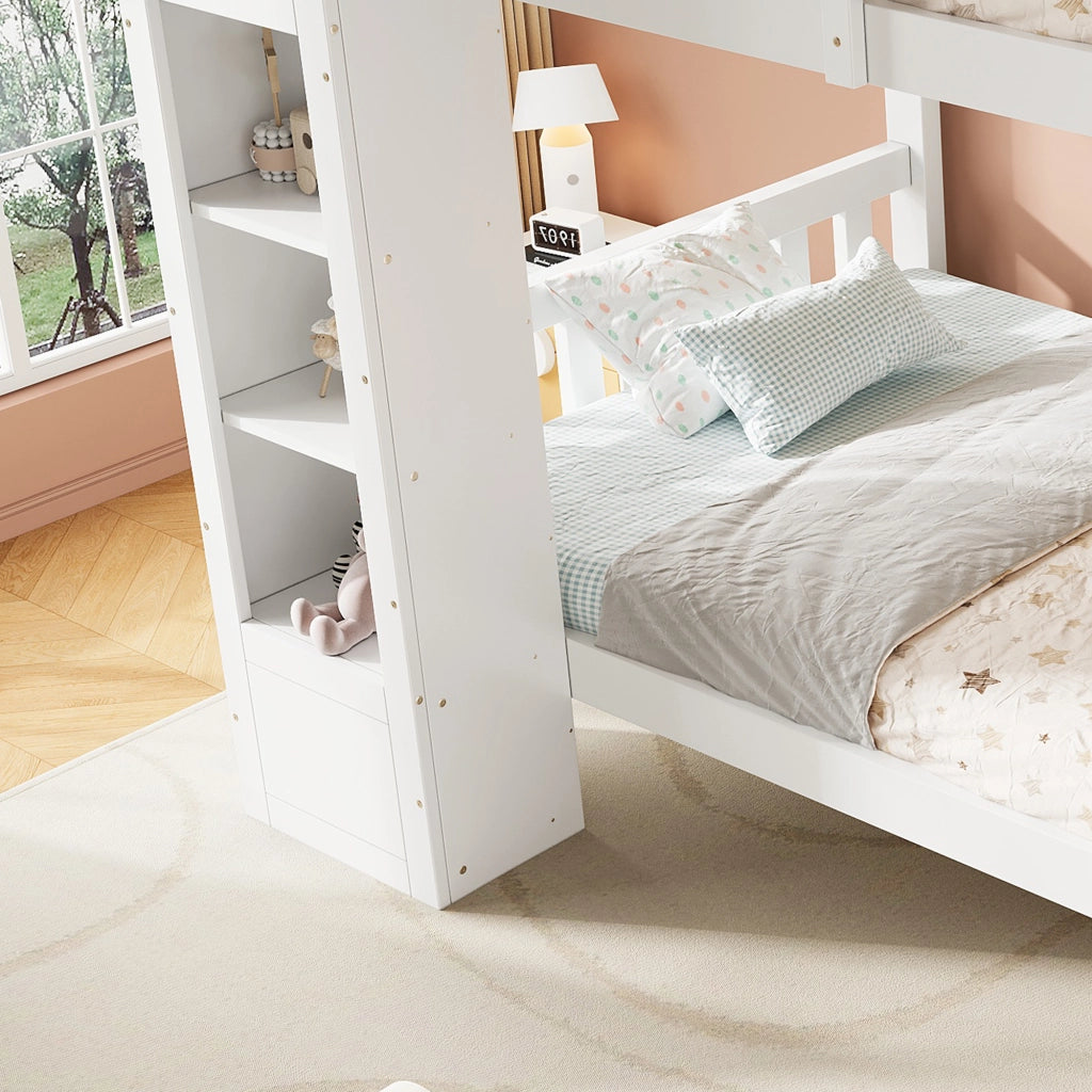 Letto a castello 90 × 200 cm con 2 armadi frontali, ripiano sospeso, scala reversibile, senza materasso, bianco