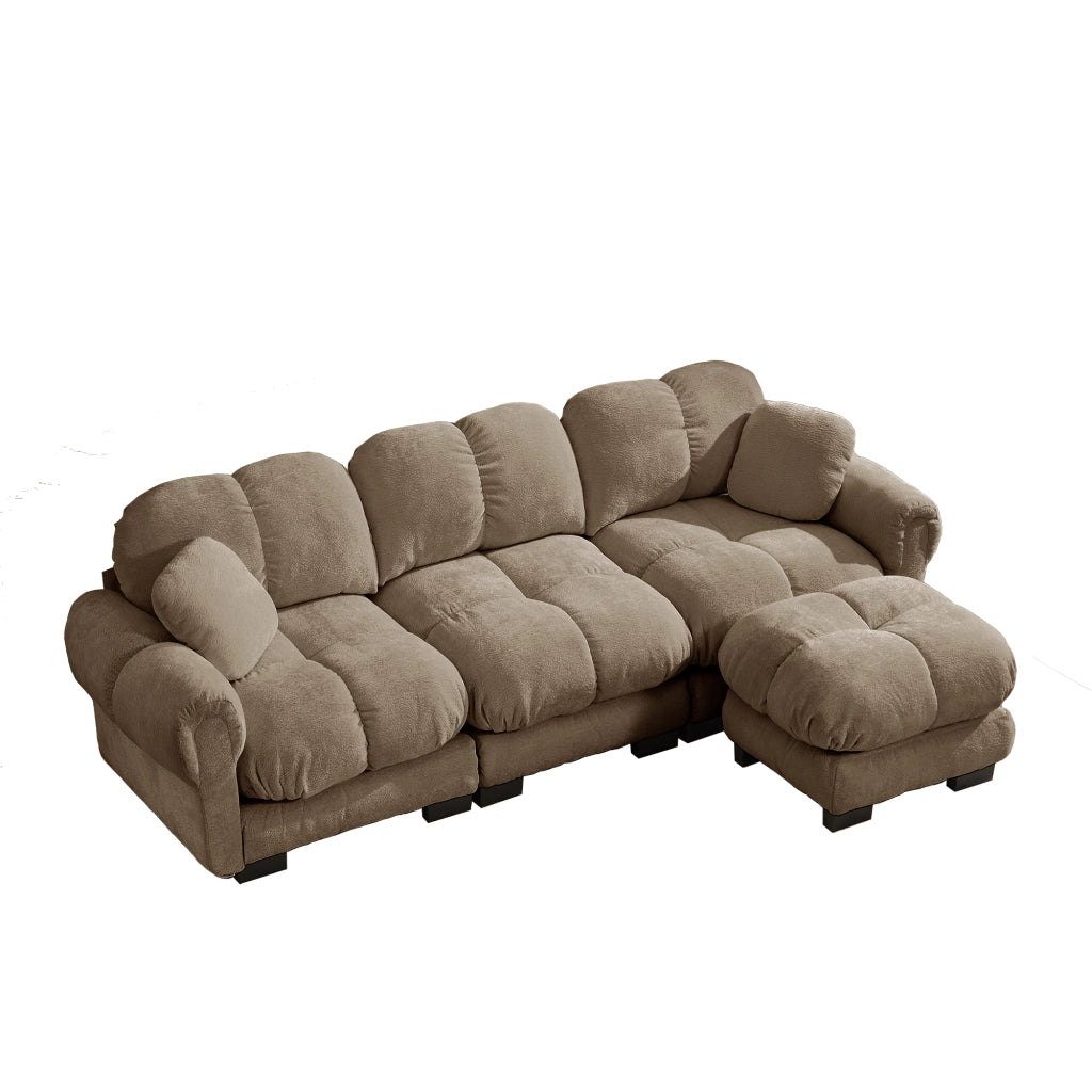 Divano angolare modulare 3 posti con chaise longue mobile e cuscini in chenille marrone per soggiorno