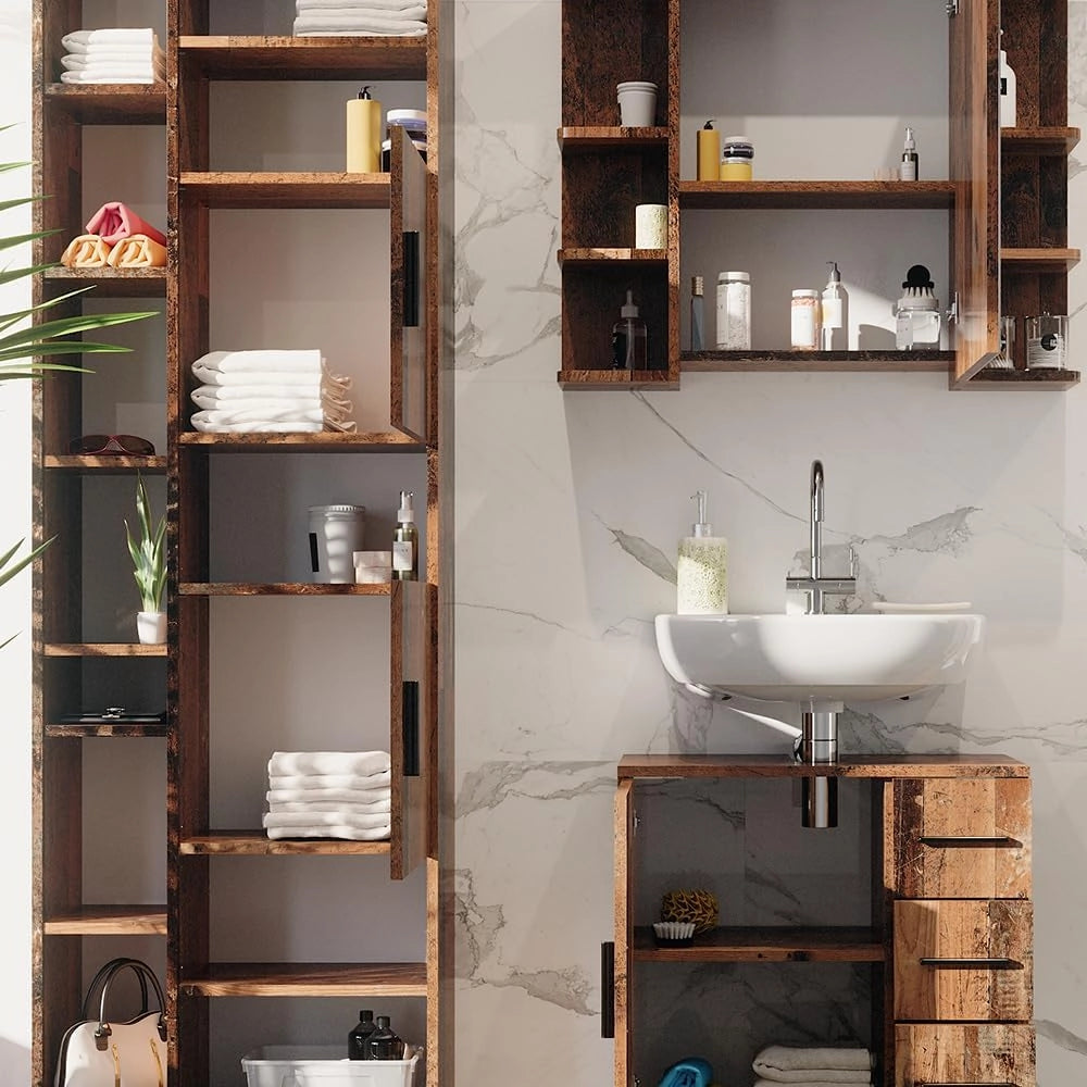 Set di mobili da bagno Ilias, Rovere rustico, 60 cm, composto da mobile sottolavabo, specchiera e colonna alta