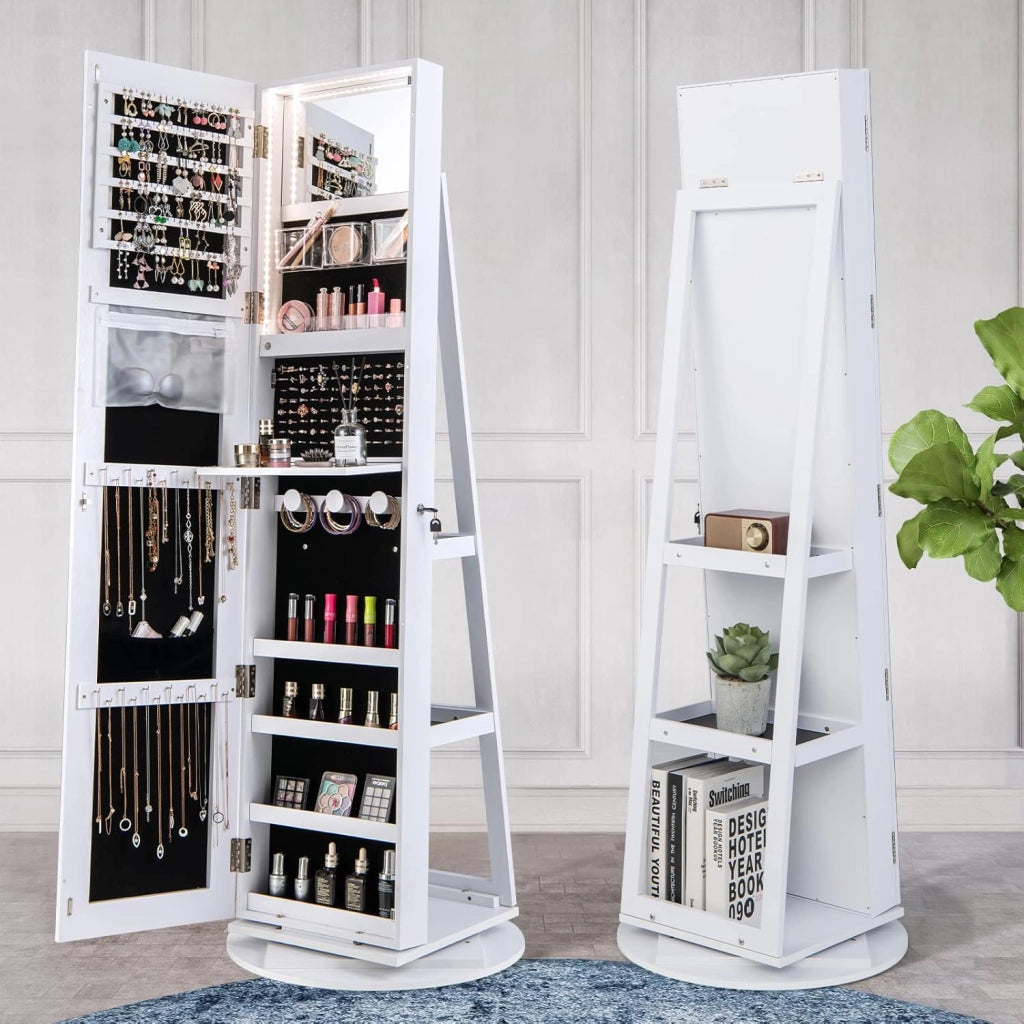 Armadietto per Gioielli Girevole a 360°, con Specchio a Figura Intera Luce a LED a 3 Colori, Specchio Interno per il Trucco con Serratura, 54,5 x 54,5 x 161cm (BIANCO)