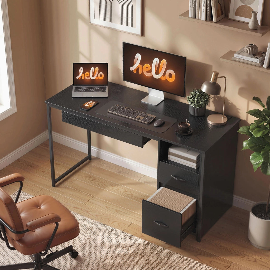 Scrivania Moderna con Cassetti e Ripiani Aperti ¨C Zephmum ¨C Legno, Acciaio, Nero, 120x52.3x76 cm