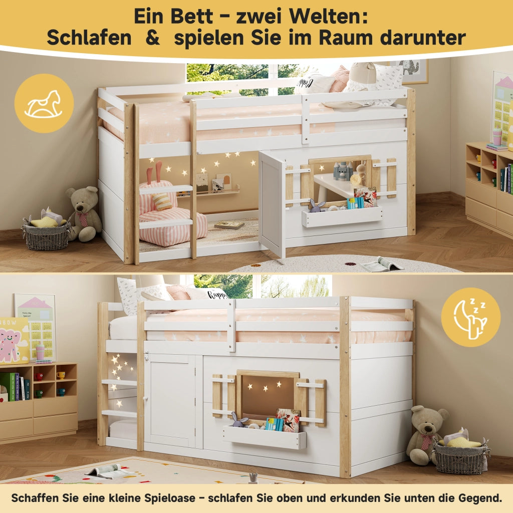 Letto a Soppalco 90 x 200 cm con Scaletta; Area Giochi - in Legno Massello e MDF - Bianco