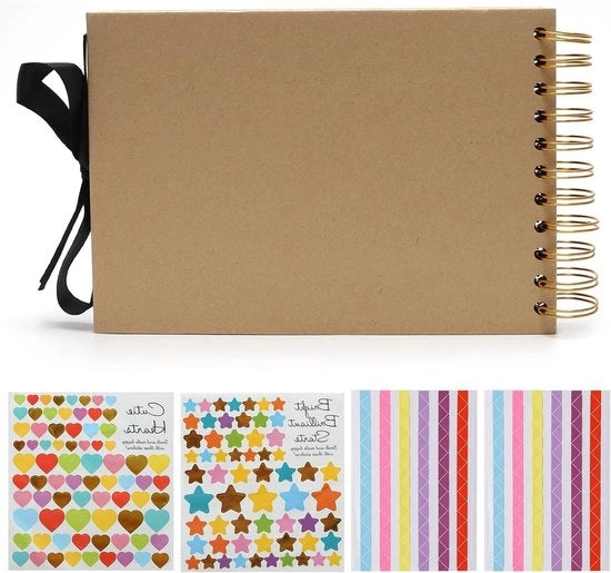 Diario A5 Premium in pelle nera, 30 pagine e 4 adesivi - Ideale per matrimoni, compleanni e viaggi - Libro di ricordi DIY