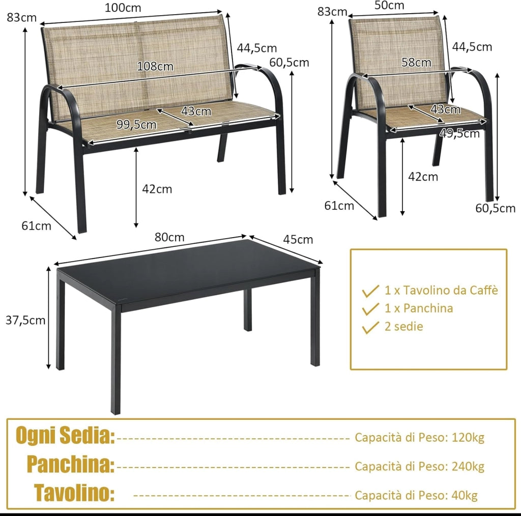 Set da Giardino con 4 Pezzi, Set da Giardino per Chiacchierare, Sedie da Giardino con Tavolino in Vetro, con Struttura Resistente in Ferro, Tessuto a Rete Traspirante (Marrone)