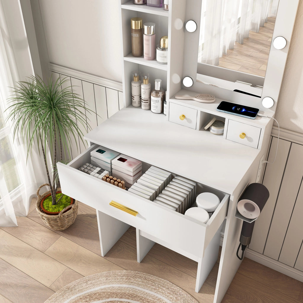 Tavolo da trucco con specchio LED a 3 modalità; presa e supporto asciugacapelli in MDF bianco