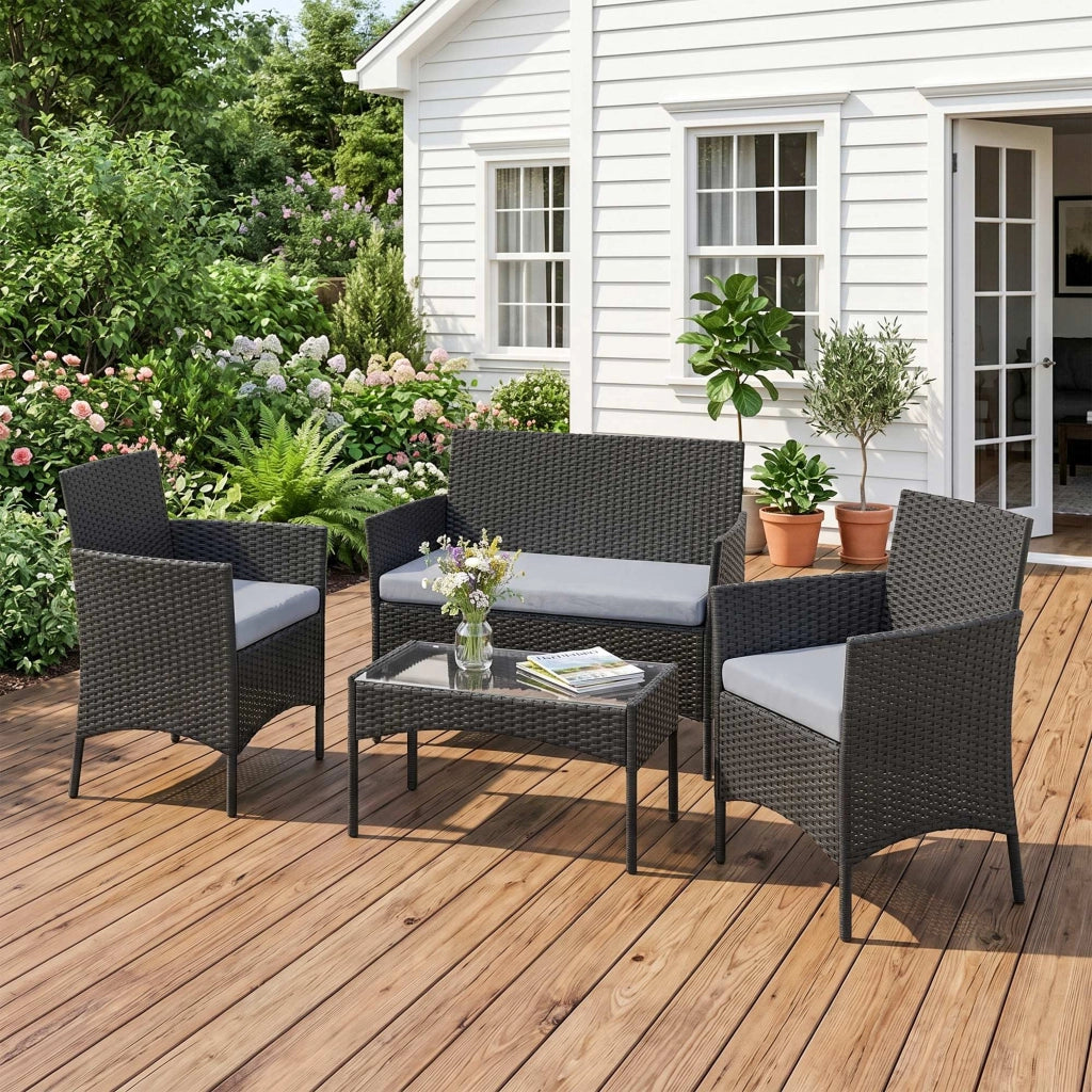 Set da giardino 4 posti in polyrattan con divani e tavolino in vetro ¨C zephmum ¨C grigio