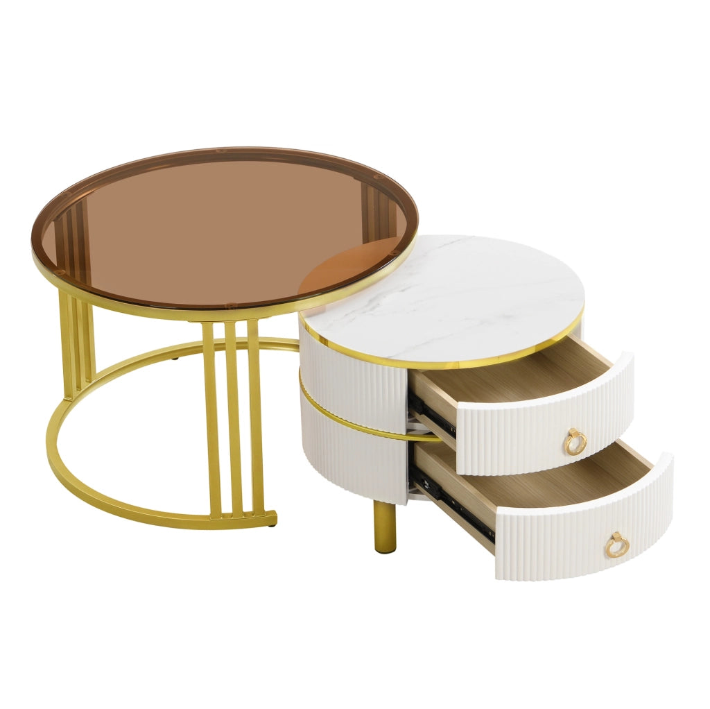 Set di 2 tavolini da caffè rotondi 70x70x45 + 50x50x40 cm in MDF e vetro bianco