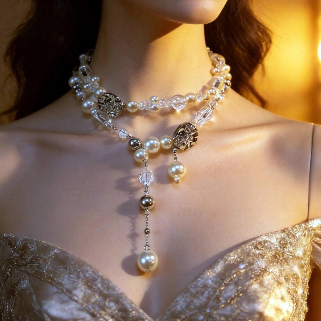 Collana da clavicola a strati in stile vintage con perline di cristallo rosa.