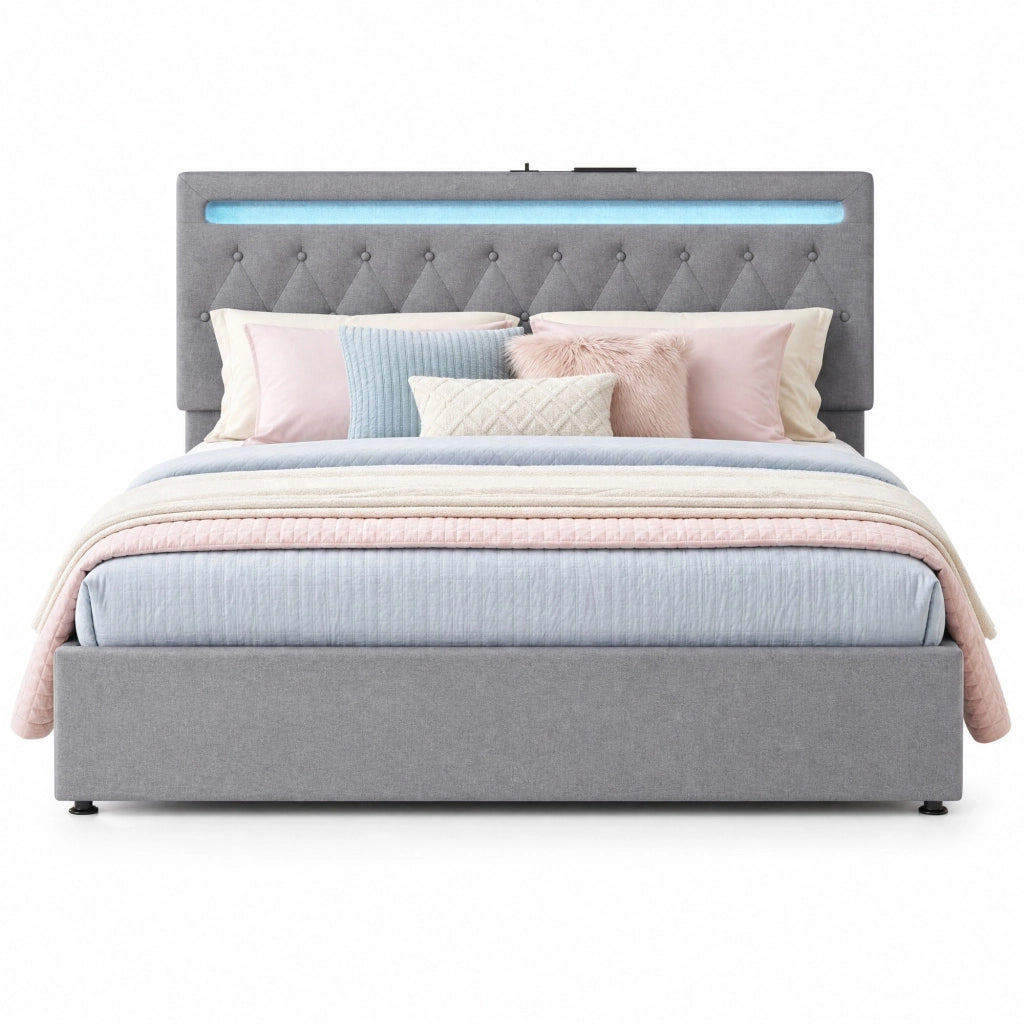 Letto imbottito 180x200 cm con contenitore; sollevamento idraulico; LED e USB; grigio
