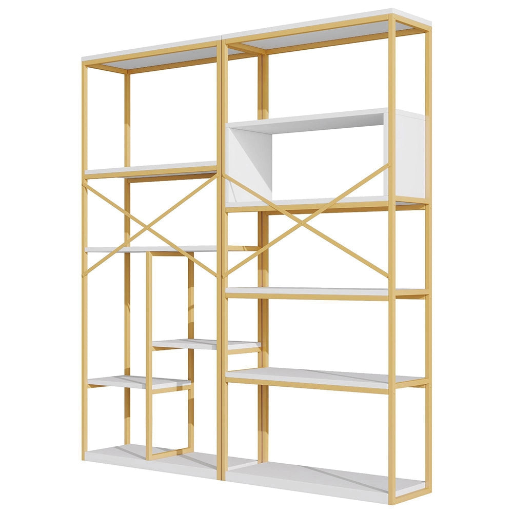 Scaffale moderno - Xylo - 160x29,5x180cm - Oro e bianco - Tubo acciaio + MDF, facile montaggio