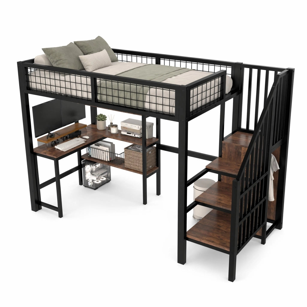 Letto a soppalco 90x200 cm con scrivania e armadio