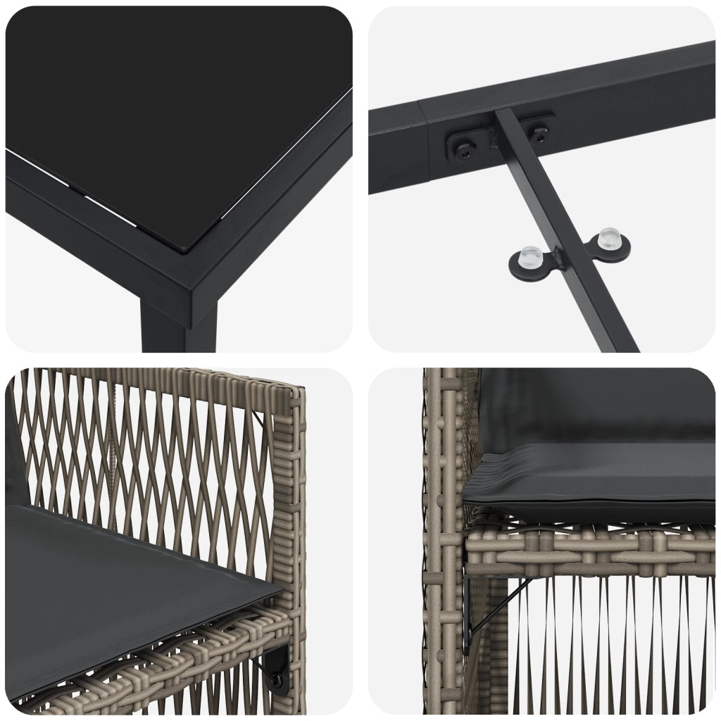 Set da Pranzo da Giardino da 9 Pezzi con Cuscini Grigio Rattan Poliestere