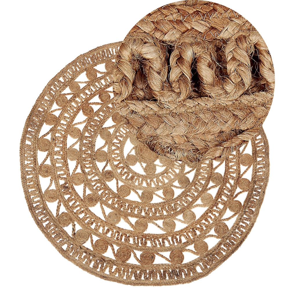 Tappeto Beige Rotondo 140 cm Boho Rustico Spirale Intrecciata Intrecciato Fatto a Mano in Juta Naturale Camera da Letto Soggiorno