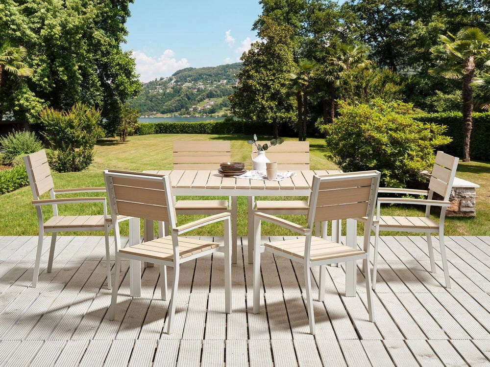 Tavolo da giardino in alluminio beige e bianco per 6 persone moderno resistente agli agenti atmosferici