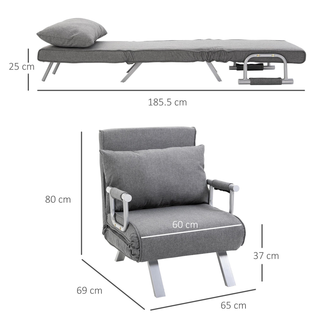 Poltrona Letto Singolo con Schienale Regolabile a 5 Livelli e Cuscino 65x69x80 cm in Tessuto Grigio Chiaro