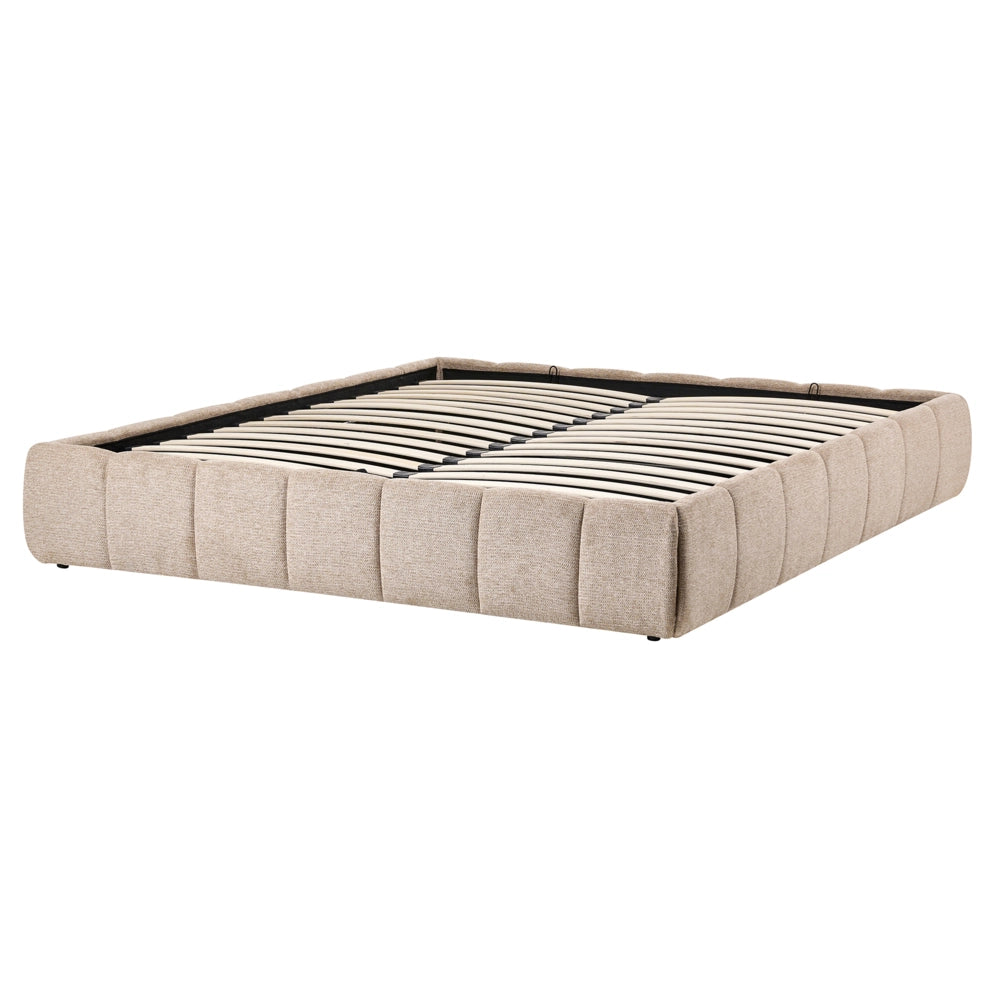Letto matrimoniale in tessuto beige imbottita, con contenitore e panca 160x200 cm design moderno