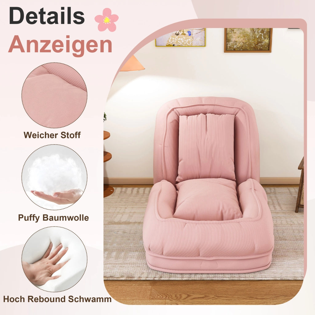 Divano letto ergonomico pieghevole con schienale a 5 posizioni e 2 cuscini in tessuto corduroy rosa