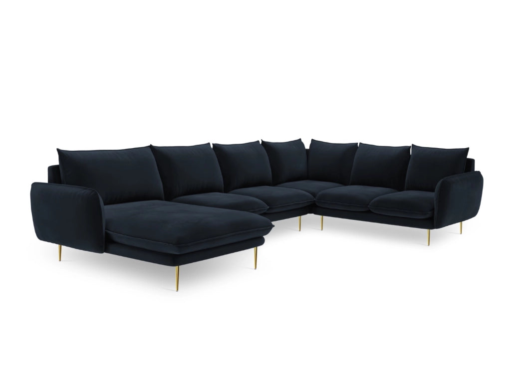 Cosmopolitan Design - Divano panoramico destro "Vienna" 7 posti in velluto blu scuro 