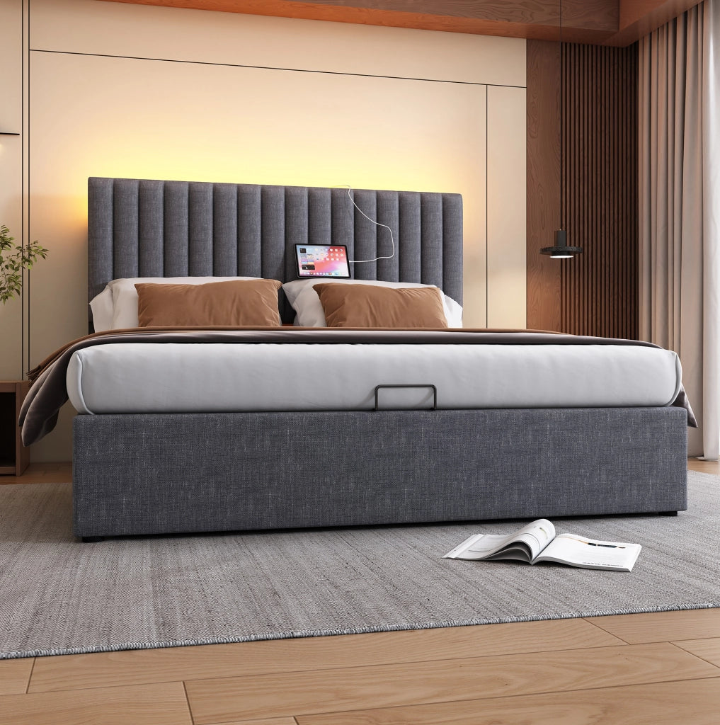Letto imbottito 140x200 cm con contenitore; testiera LED App; USB e Type-C; grigio