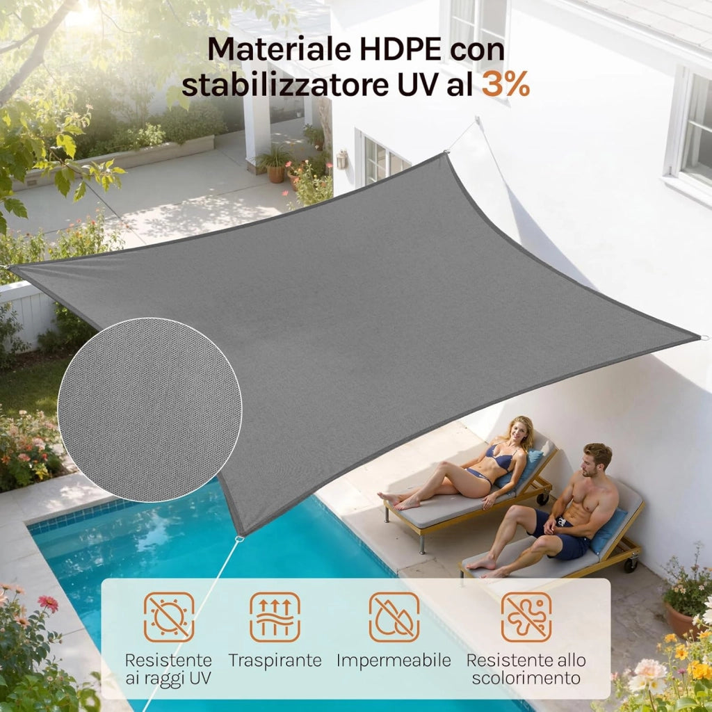 Vela ombreggiante 5x5m in HDPE 180 g/m² Traspirante Tenda a Vela Parasole Quadrato Protezione Solare Respirante Anti UV Giardino Esterni Grigio