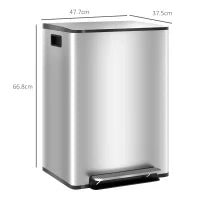 Bidone Immondizia a 2 Sezioni da 30L a Pedale con Coperchio Silenzioso, in Acciaio Inox e PP, 47.7x37.5x66.8 cm