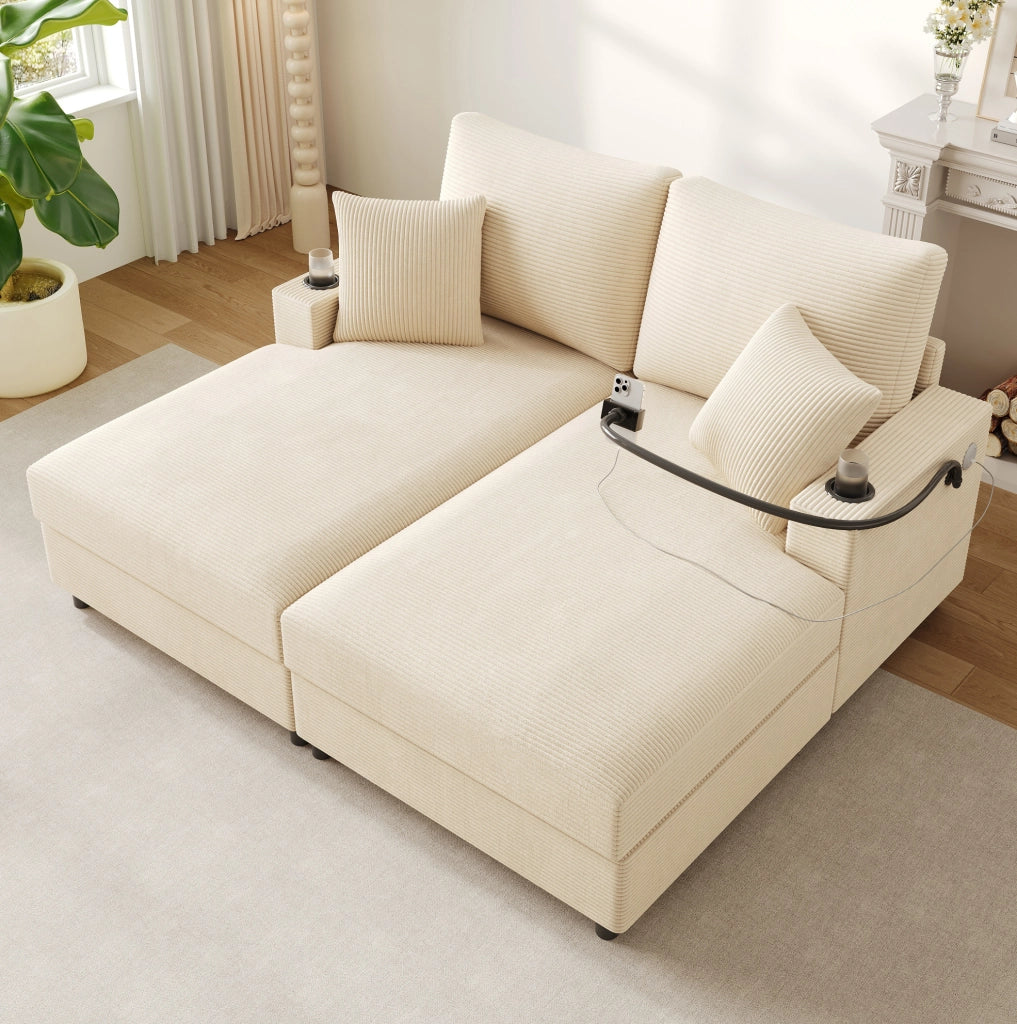 Divano 2 posti beige in velluto a coste con USB, USB-C e portabevande