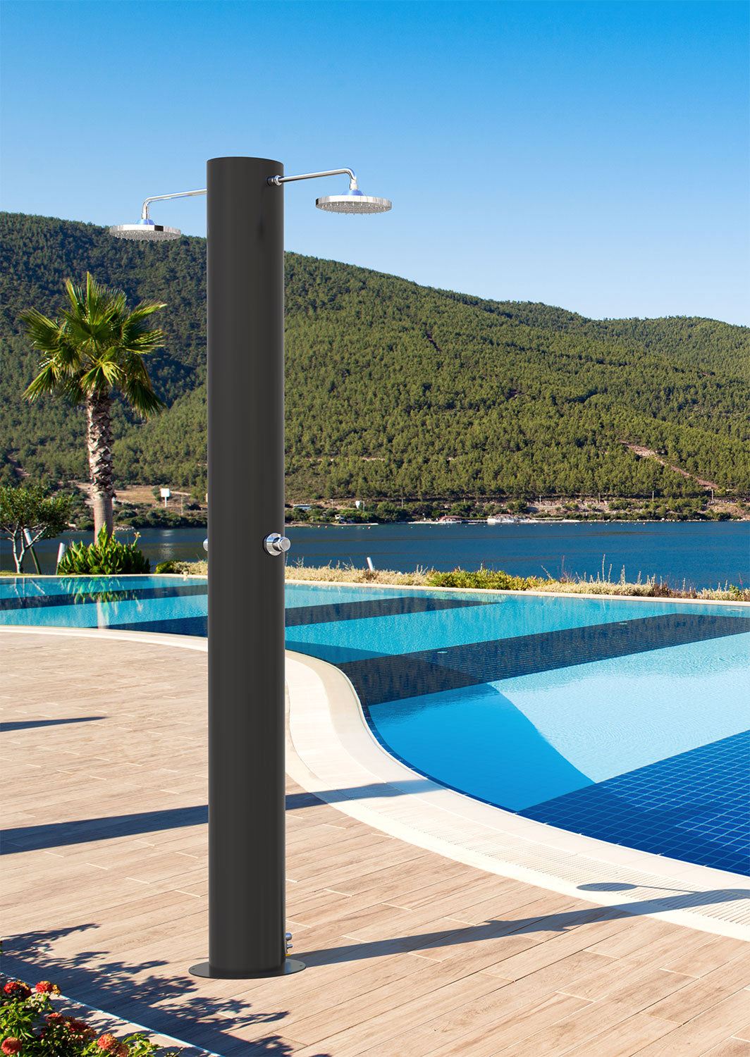 Doccia Solare da Giardino 70 L 2 Soffione Eco Rain e 2 Miscelatore Temporizzato Arno T2N Nero Opaco