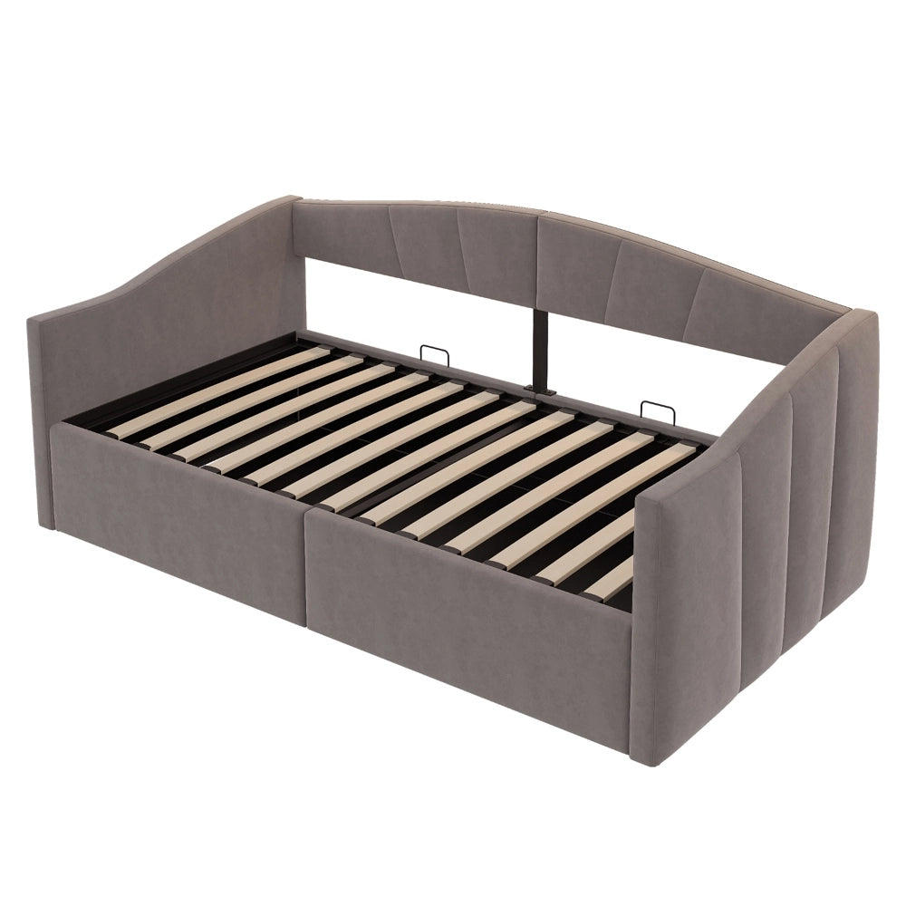 Divano letto idraulico 90x200cm - Xylo - grigio, velluto, doghe, strisce