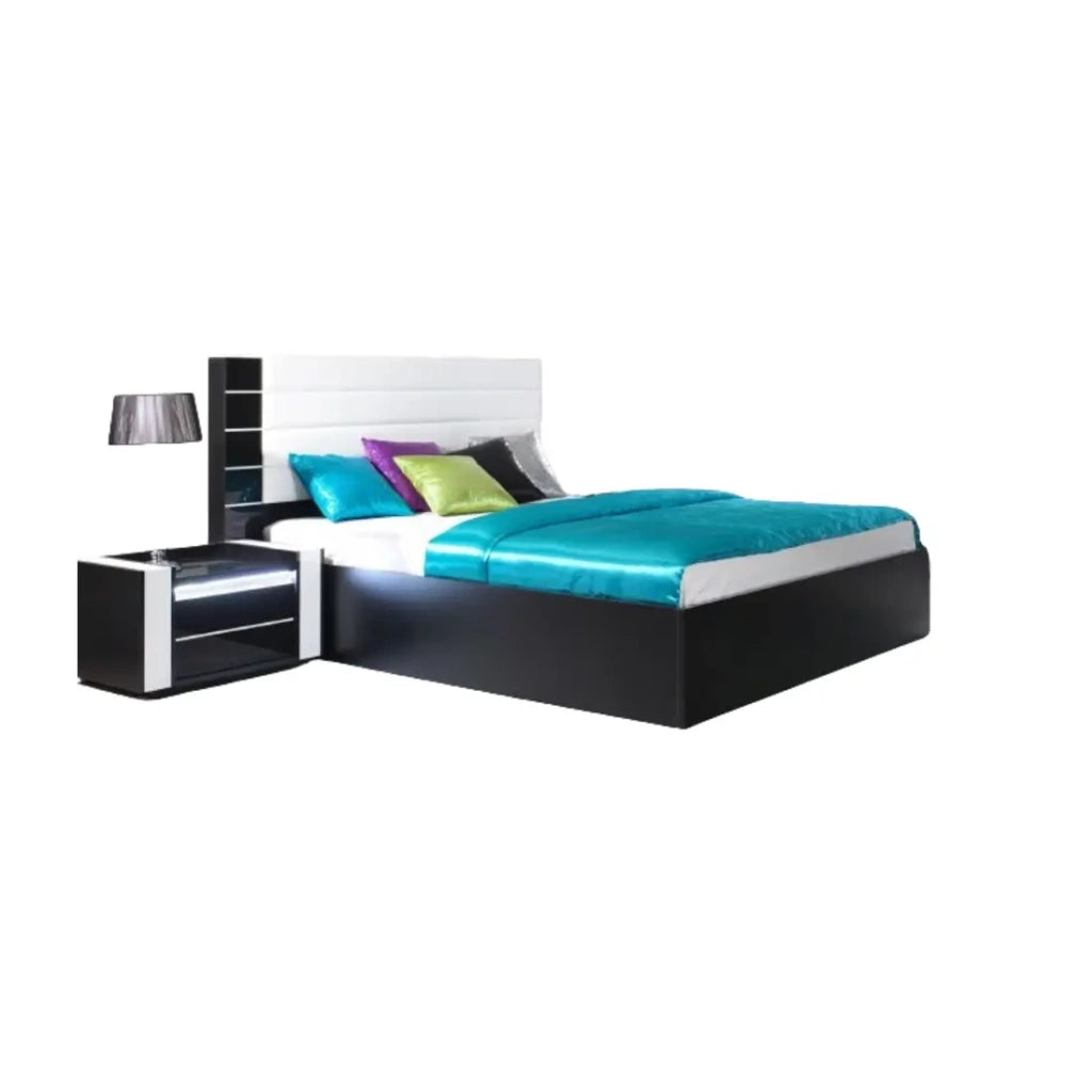 Letto contenitore 160 cm nero e bianco lucido con finitura in similpelle bianca